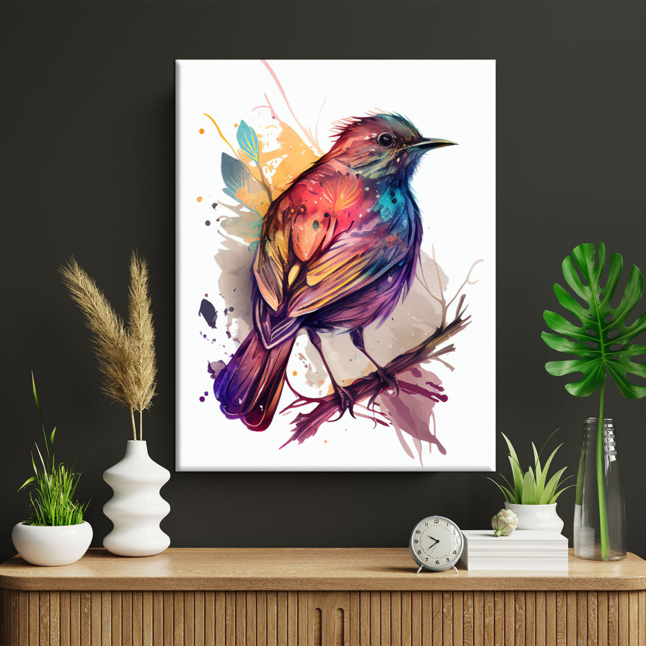 cadre décoratif aquarelle oiseau rouge or et bleu