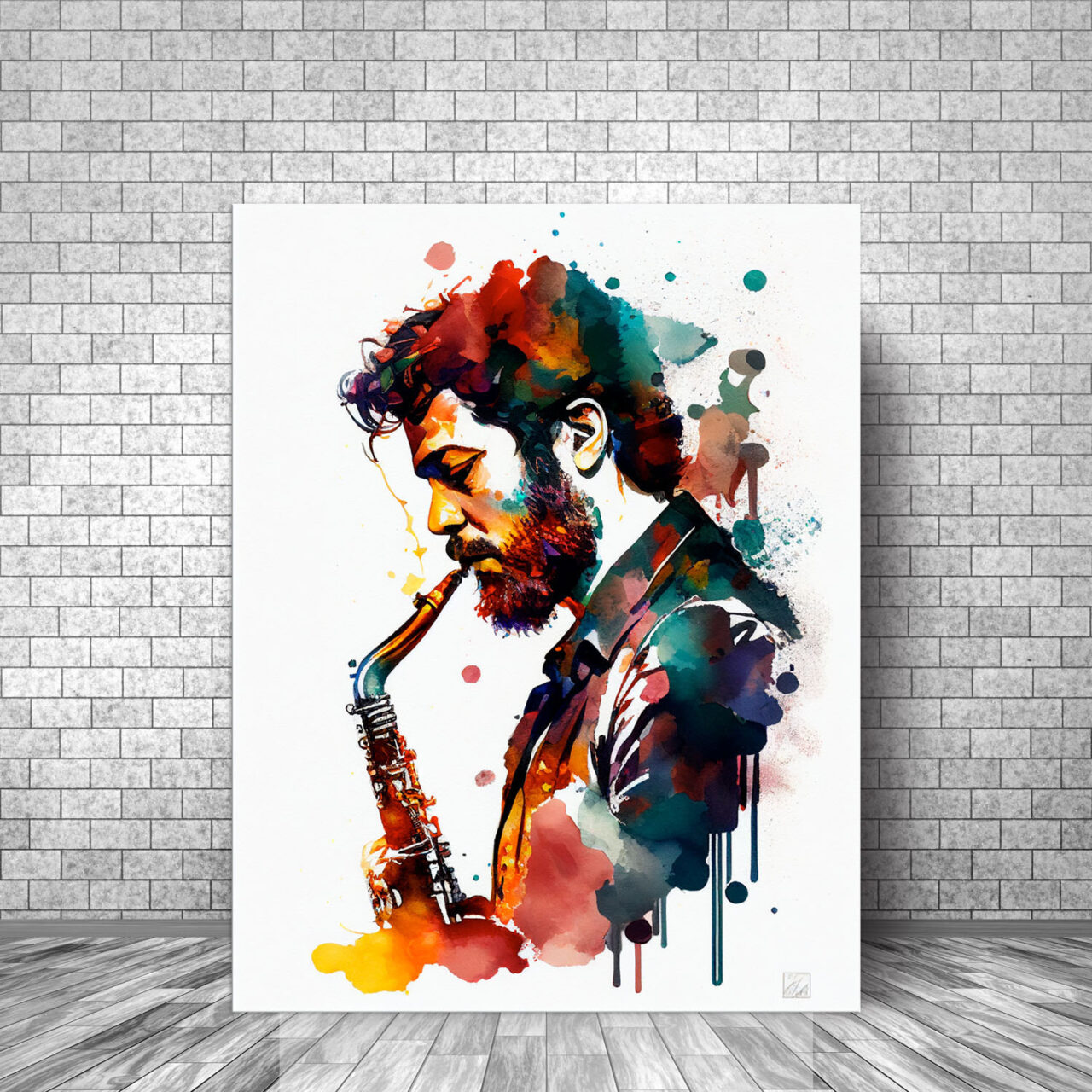 Toile cadre décoratif – Portrait de saxophoniste Aquarelle toile cadre décoratif portrait de saxophoniste aquarelle