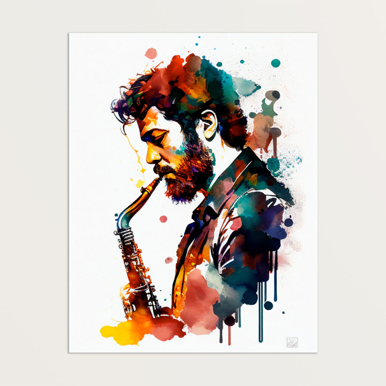 Toile cadre décoratif – Portrait de saxophoniste Aquarelle toile cadre décoratif portrait de saxophoniste aquarelle
