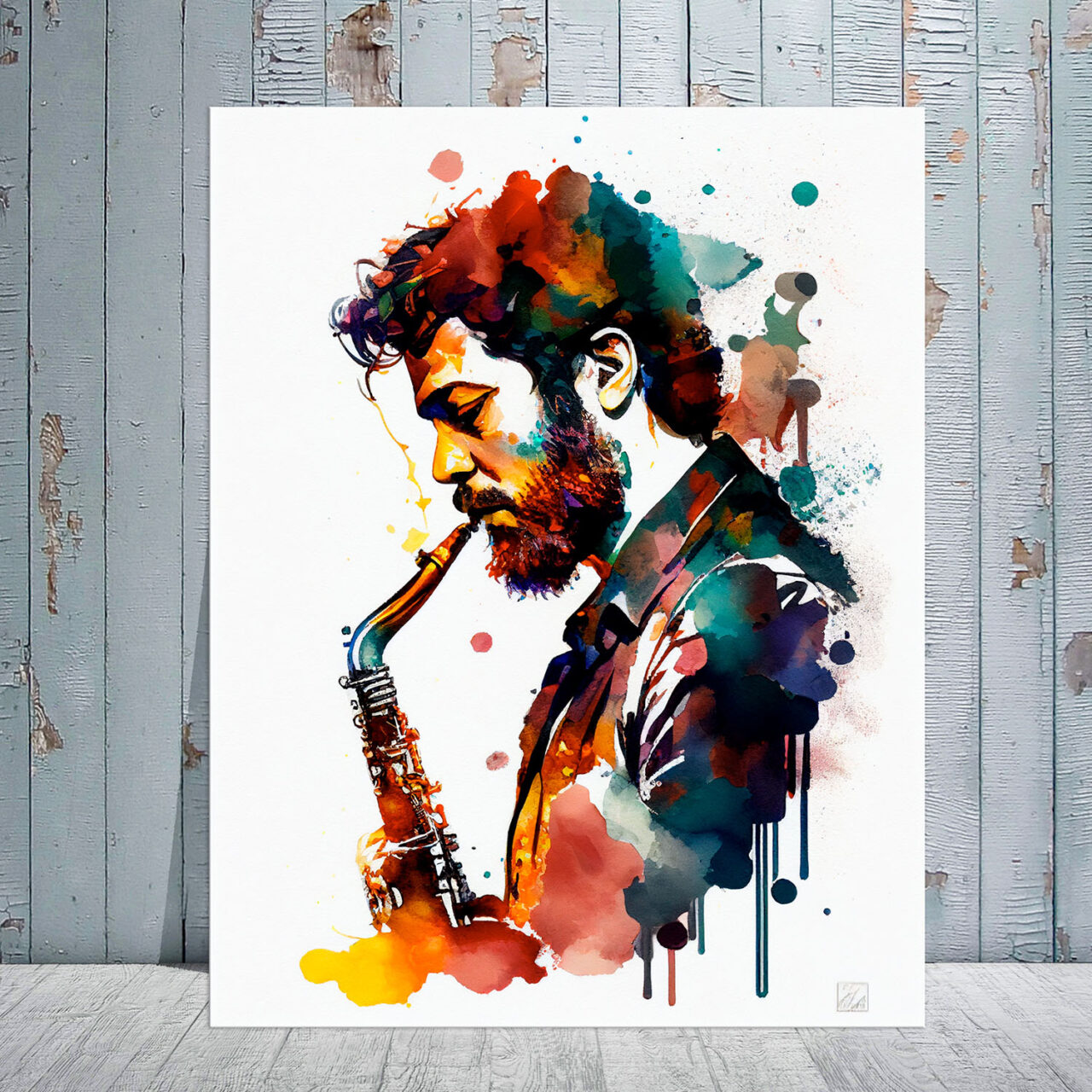 Toile cadre décoratif – Portrait de saxophoniste Aquarelle toile cadre décoratif portrait de saxophoniste aquarelle