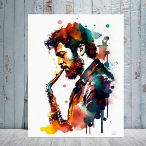 Toile cadre décoratif – Portrait de saxophoniste Aquarelle toile cadre décoratif portrait de saxophoniste aquarelle