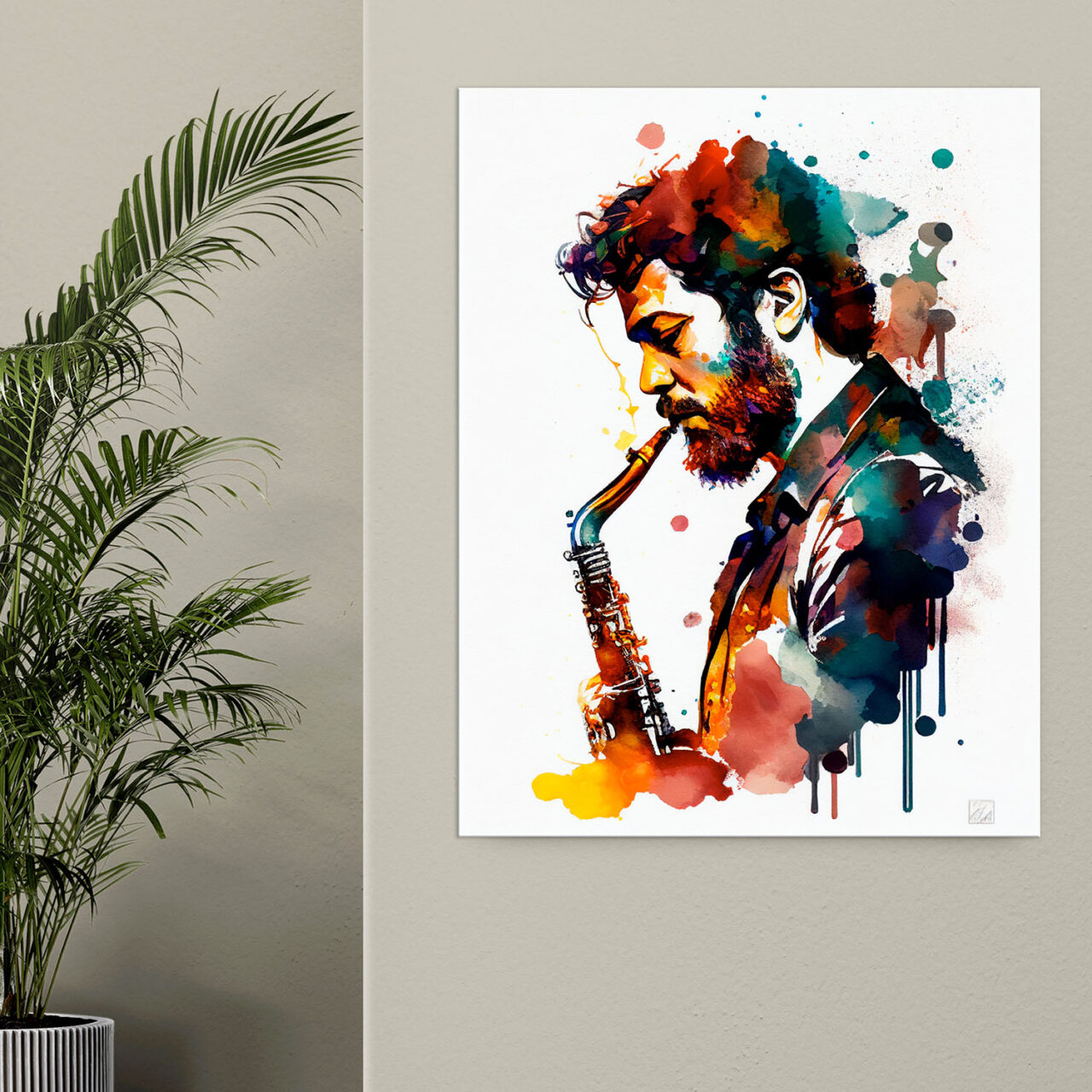 Toile cadre décoratif – Portrait de saxophoniste Aquarelle toile cadre décoratif portrait de saxophoniste aquarelle