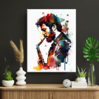 toile cadre décoratif portrait de saxophoniste aquarelle
