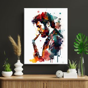 Toile cadre décoratif – Portrait de saxophoniste Aquarelle toile cadre décoratif portrait de saxophoniste aquarelle