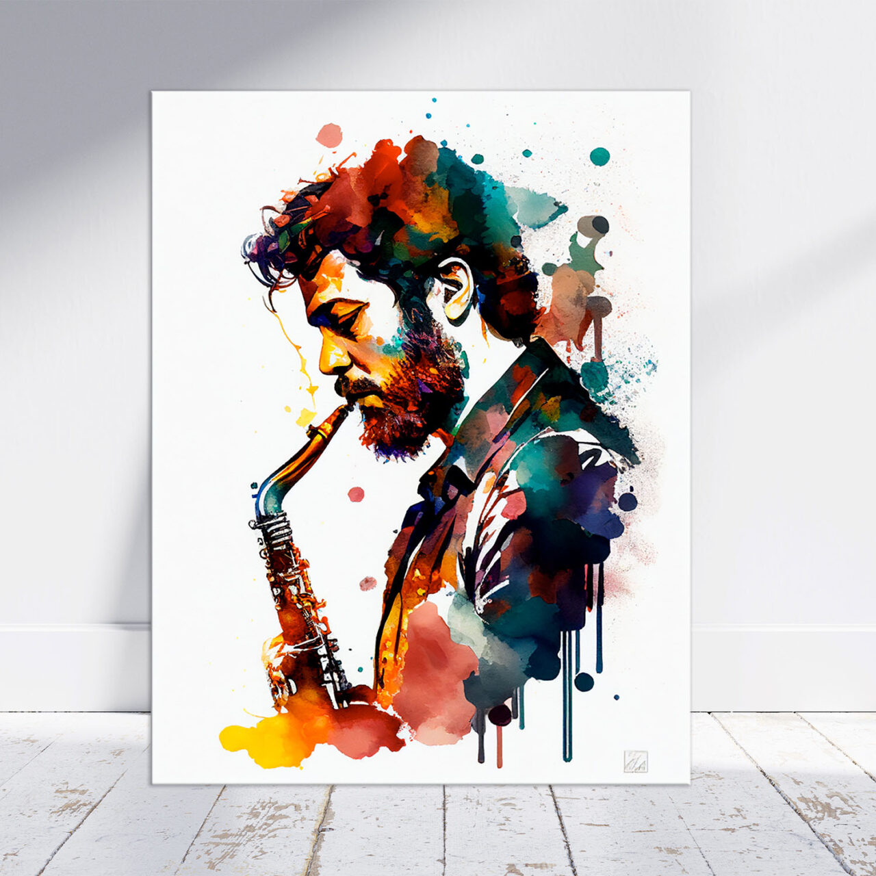 Toile cadre décoratif – Portrait de saxophoniste Aquarelle toile cadre décoratif portrait de saxophoniste aquarelle