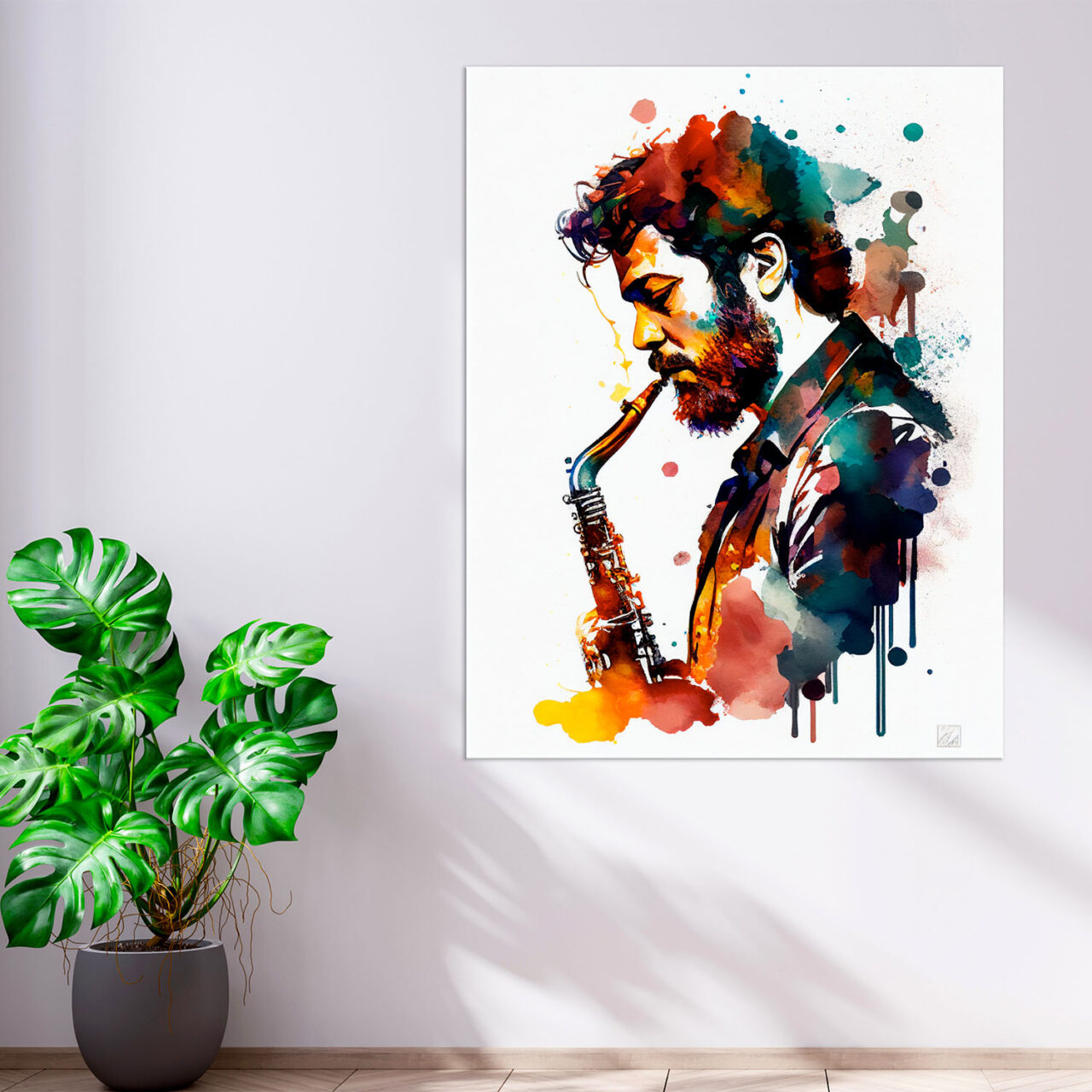 Toile cadre décoratif – Portrait de saxophoniste Aquarelle toile cadre décoratif portrait de saxophoniste aquarelle