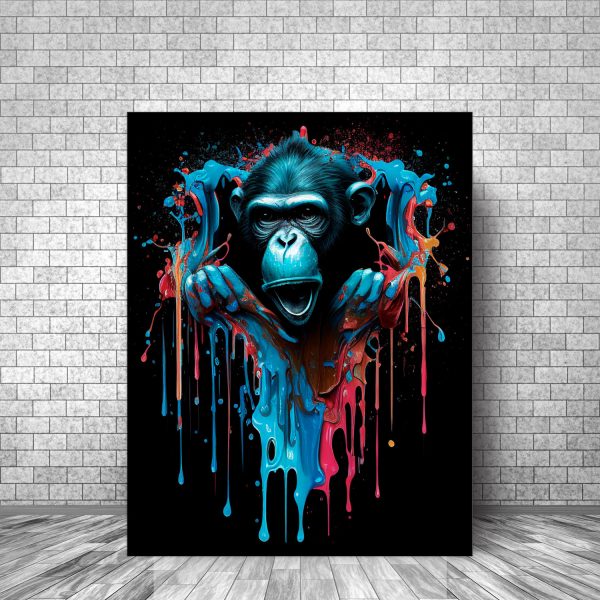 toile cadre décoratif singe sortant d'un mur style graffiti