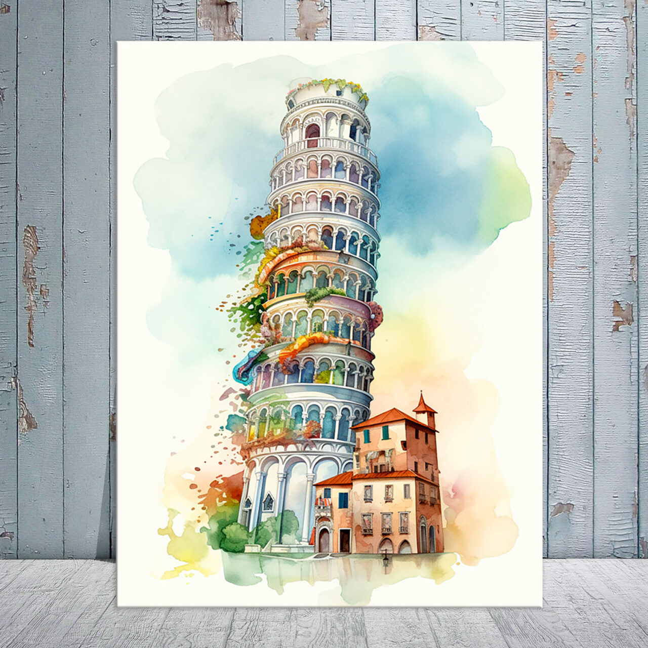 toile cadre décoratif tour de pise artistique aquarelle