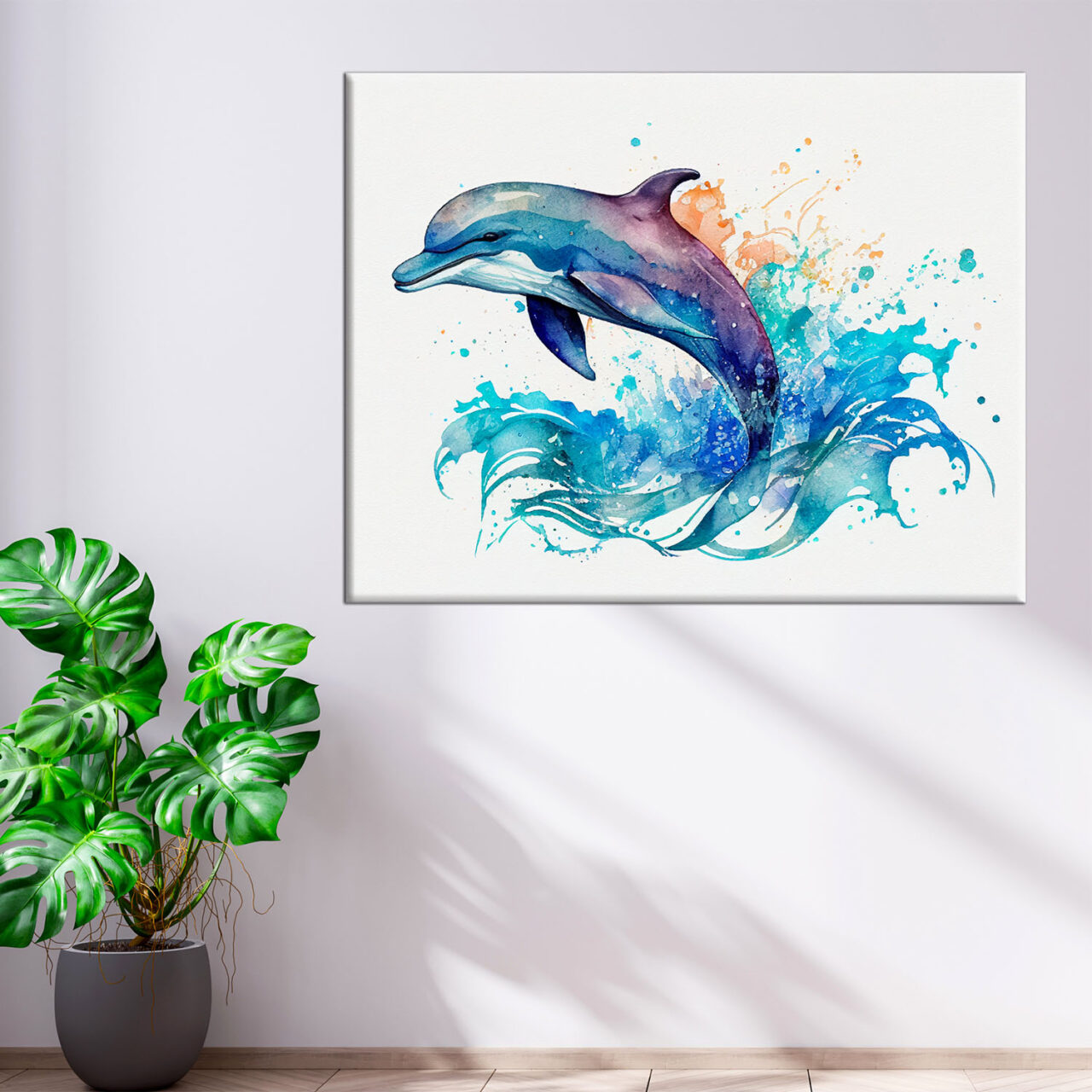 cadre mural aquarelle dauphin bleu sautant