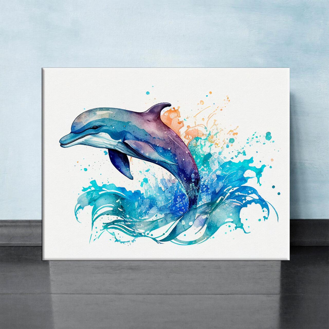 cadre mural aquarelle dauphin bleu sautant