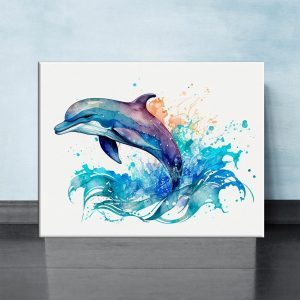 cadre mural aquarelle dauphin bleu sautant