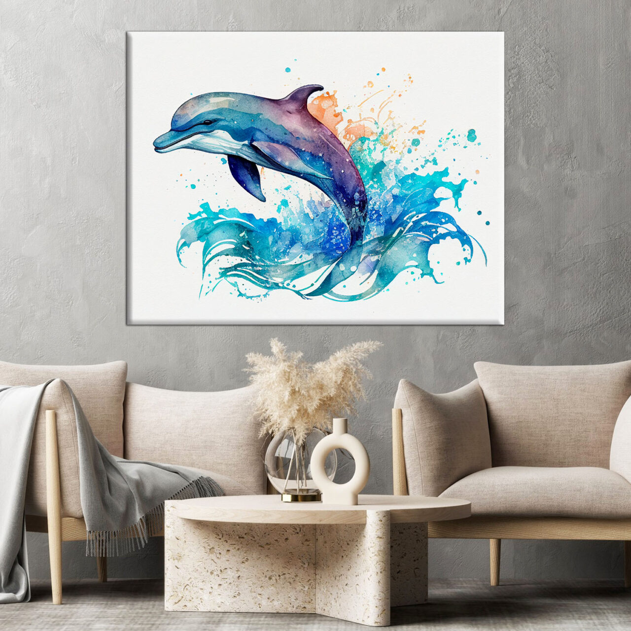 cadre mural aquarelle dauphin bleu sautant