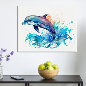cadre mural aquarelle dauphin bleu sautant