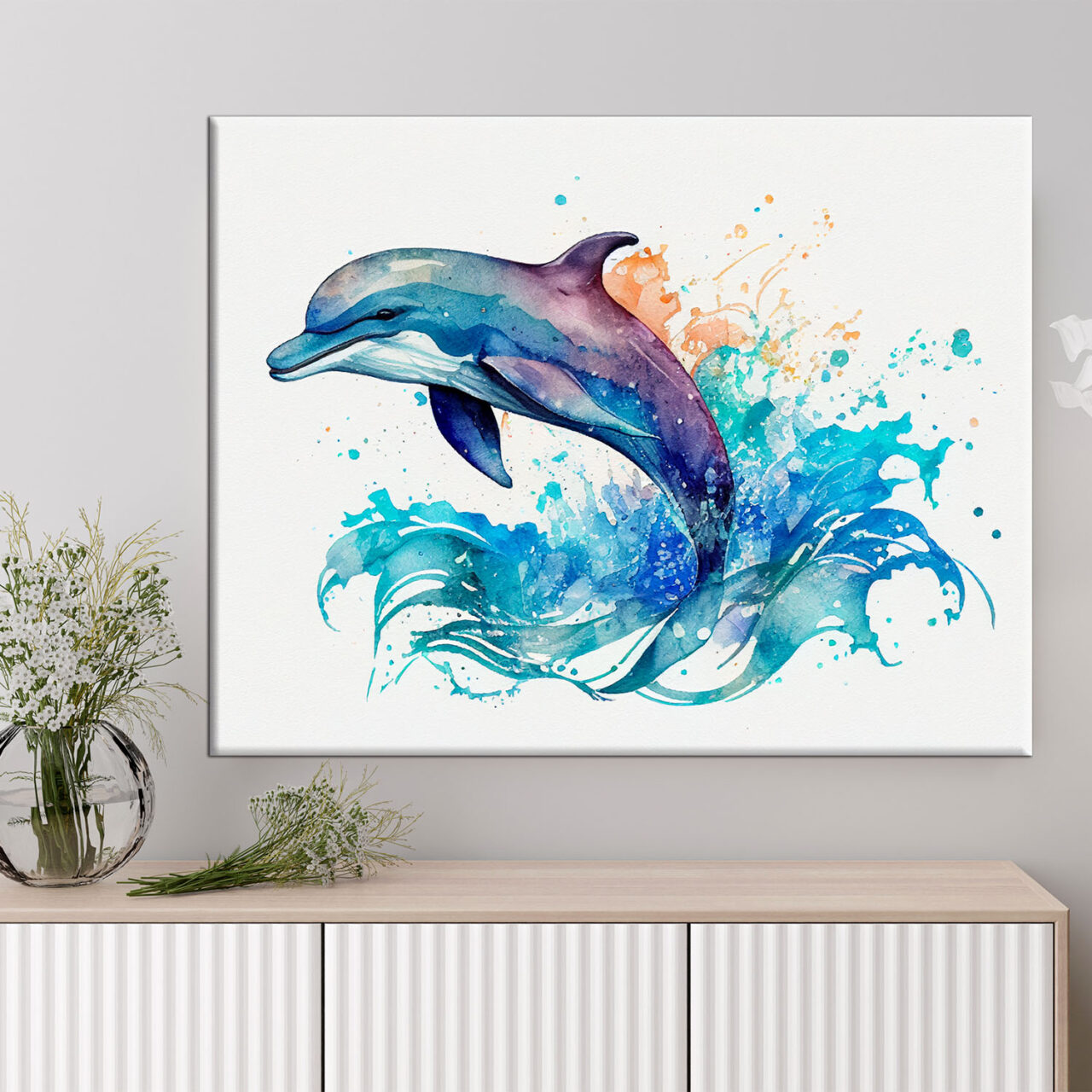 cadre mural aquarelle dauphin bleu sautant