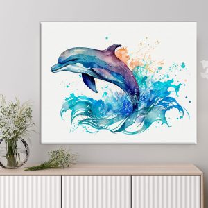 cadre mural aquarelle dauphin bleu sautant