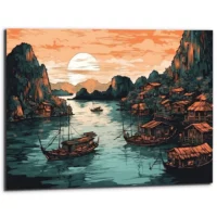 Cadre Dessin couleur – Baie d’Halong au coucher du soleil cadre dessin couleur baie d'halong au coucher du soleil