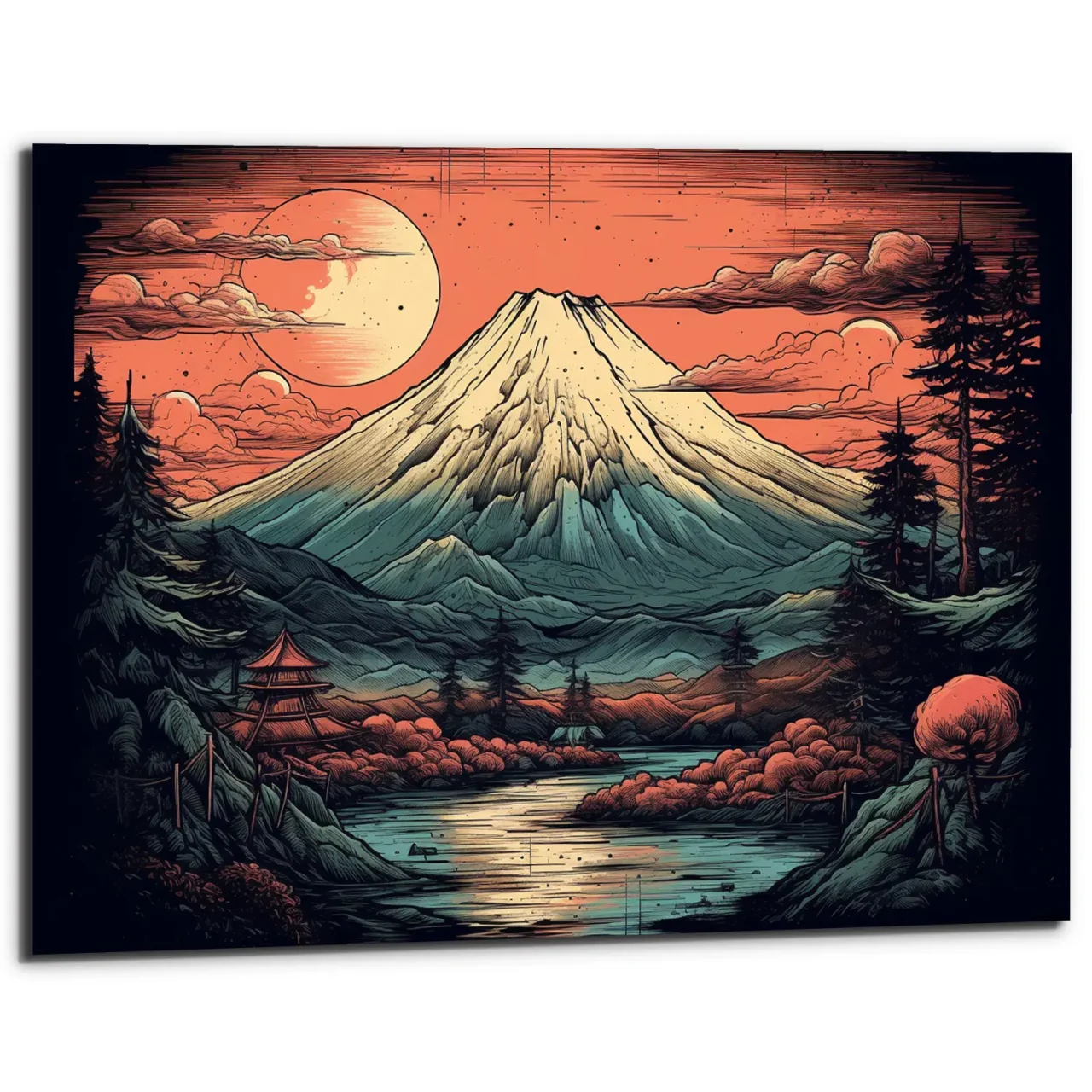 déco murale dessin coloré du mont fuji