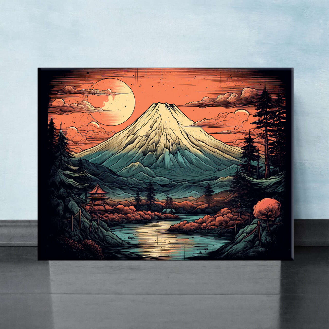 déco murale dessin coloré du mont fuji