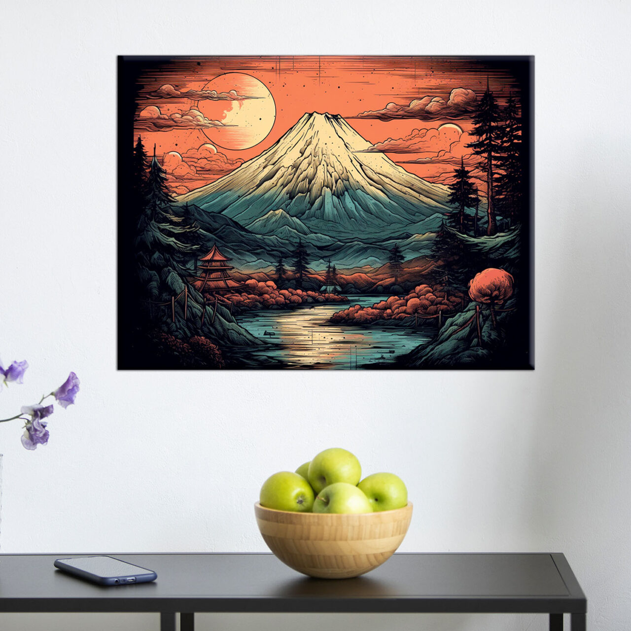 déco murale dessin coloré du mont fuji