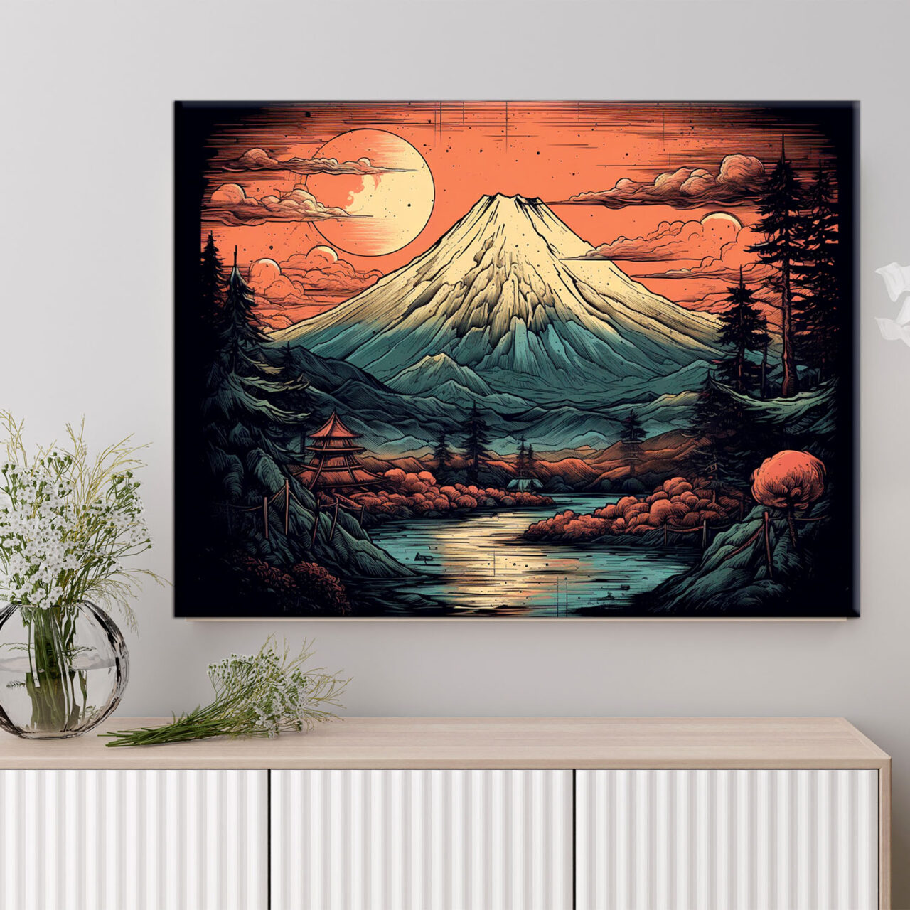 déco murale dessin coloré du mont fuji