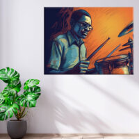 Cadre décoratif artistique – Dessin coloré d’un batteur de jazz cadre décoratif artistique dessin coloré d'un batteur de jazz