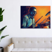 Cadre décoratif artistique – Dessin coloré d’un batteur de jazz cadre décoratif artistique dessin coloré d'un batteur de jazz
