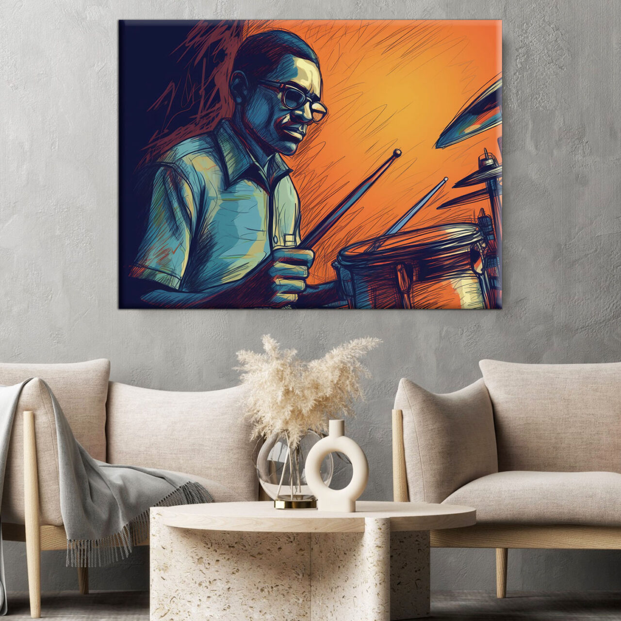 cadre décoratif artistique dessin coloré d'un batteur de jazz