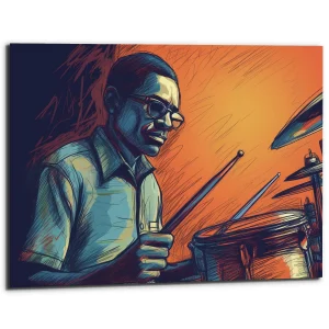 Cadre décoratif artistique – Dessin coloré d’un batteur de jazz Cadre décoratif artistique – Dessin coloré d’un batteur de jazz