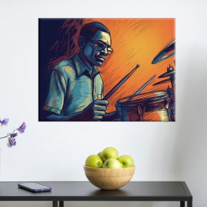cadre décoratif artistique dessin coloré d'un batteur de jazz