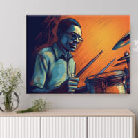 Cadre décoratif artistique – Dessin coloré d’un batteur de jazz cadre décoratif artistique dessin coloré d'un batteur de jazz