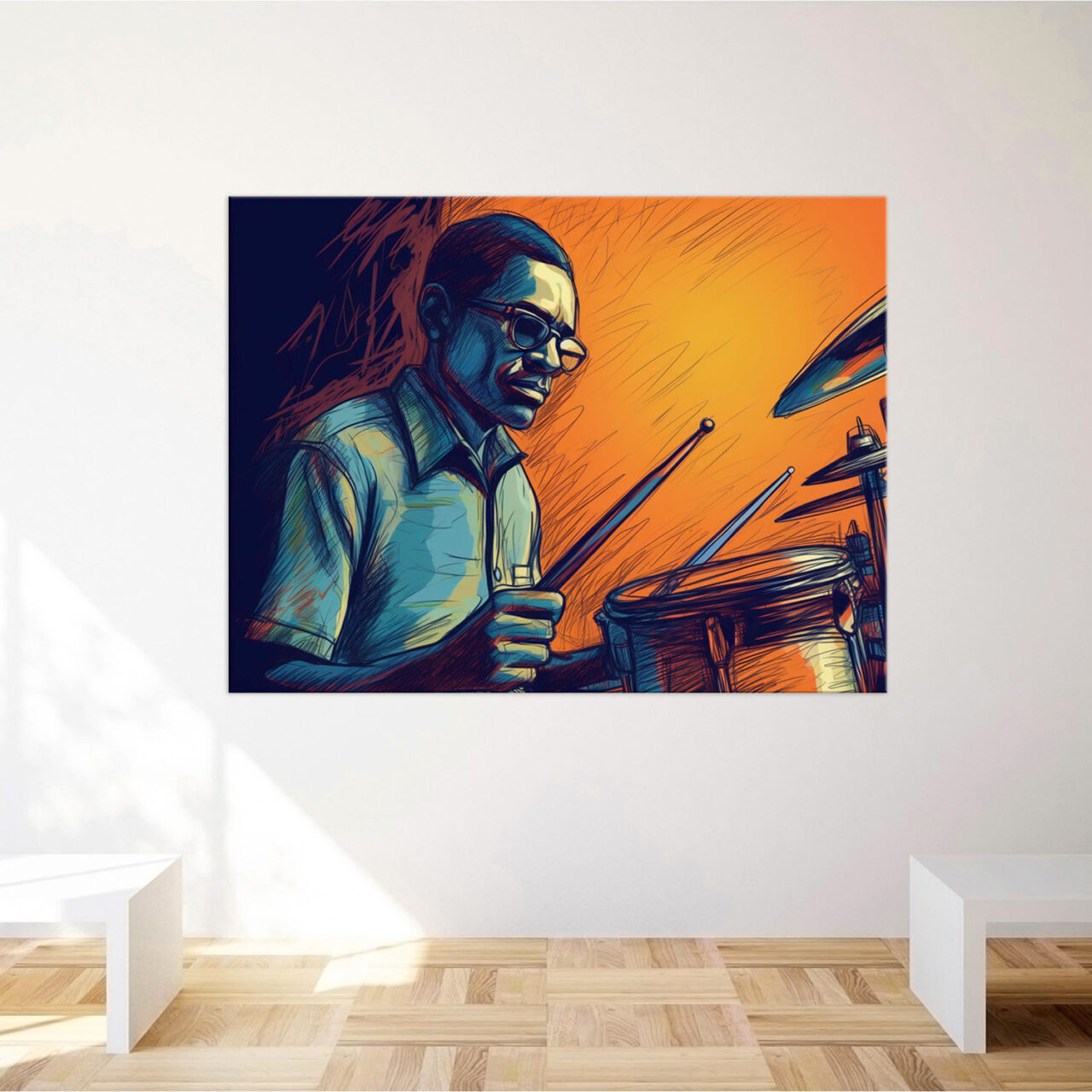 cadre décoratif artistique dessin coloré d'un batteur de jazz