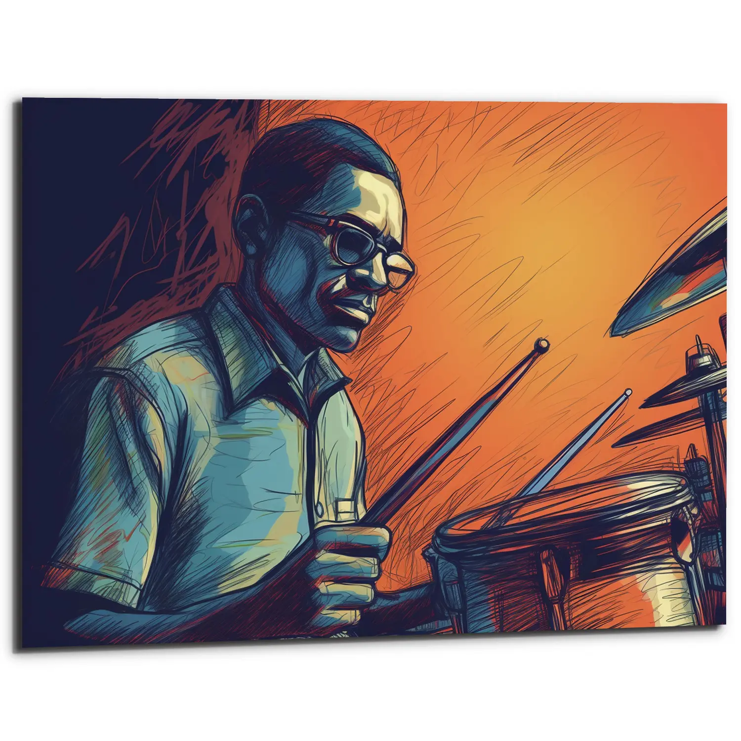 cadre décoratif artistique dessin coloré d'un batteur de jazz