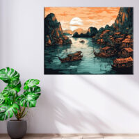 cadre dessin couleur baie d'halong au coucher du soleil