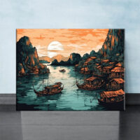 cadre dessin couleur baie d'halong au coucher du soleil