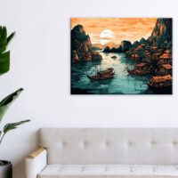 Cadre Dessin couleur – Baie d’Halong au coucher du soleil cadre dessin couleur baie d'halong au coucher du soleil