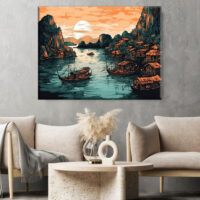 cadre dessin couleur baie d'halong au coucher du soleil