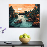 cadre dessin couleur baie d'halong au coucher du soleil