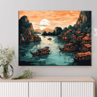 cadre dessin couleur baie d'halong au coucher du soleil
