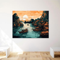 cadre dessin couleur baie d'halong au coucher du soleil