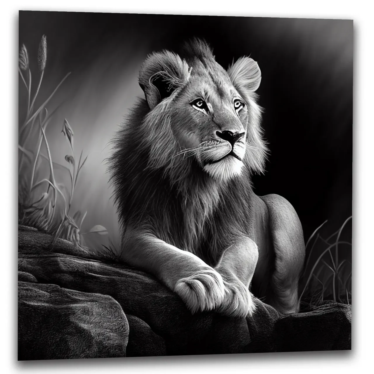 Cadre Noir et Blanc – Dessin détaillé d’un lion paisible cadre noir et blanc dessin détaillé d'un lion paisible