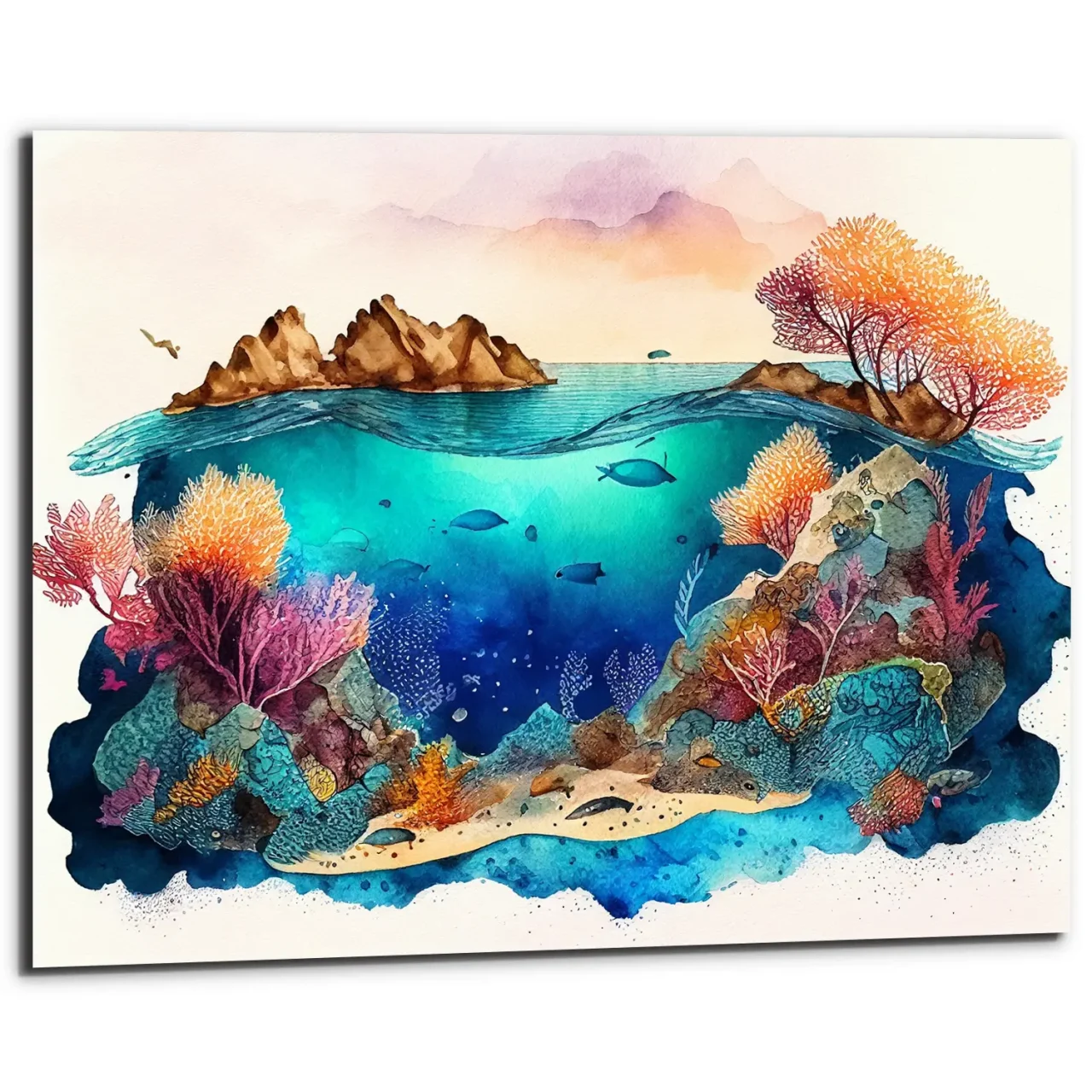 cadre déco artistique grande barrière de corail aquarelle