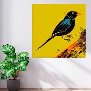 Cadre mural - Oiseau noir sur fond jaune art minimaliste