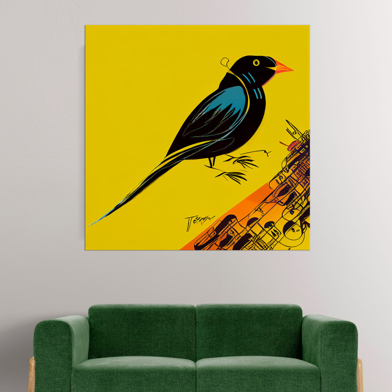 Cadre mural – Oiseau noir sur fond jaune art minimaliste cadre mural oiseau noir sur fond jaune art minimaliste