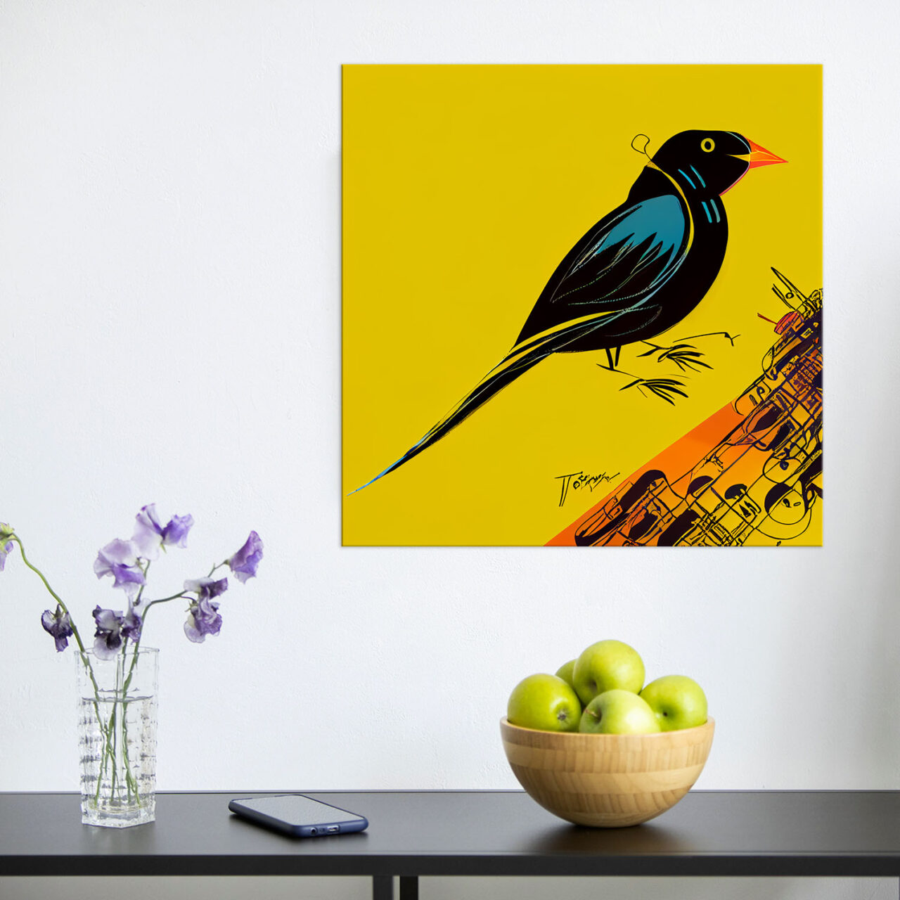 Cadre mural – Oiseau noir sur fond jaune art minimaliste cadre mural oiseau noir sur fond jaune art minimaliste