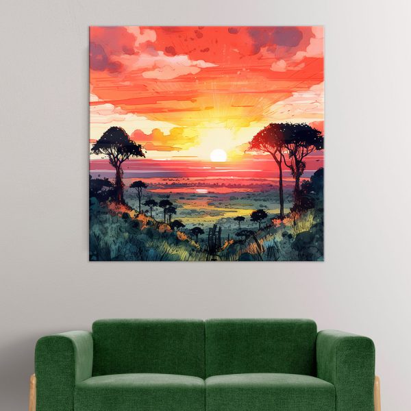 cadre déco rouge coucher de soleil dans la savane