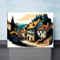 cadre mural traditionnel petit village de montagne en été