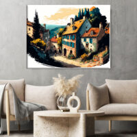 cadre mural traditionnel petit village de montagne en été