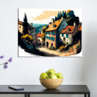 cadre mural traditionnel petit village de montagne en été