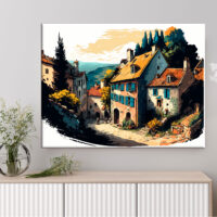 cadre mural traditionnel petit village de montagne en été