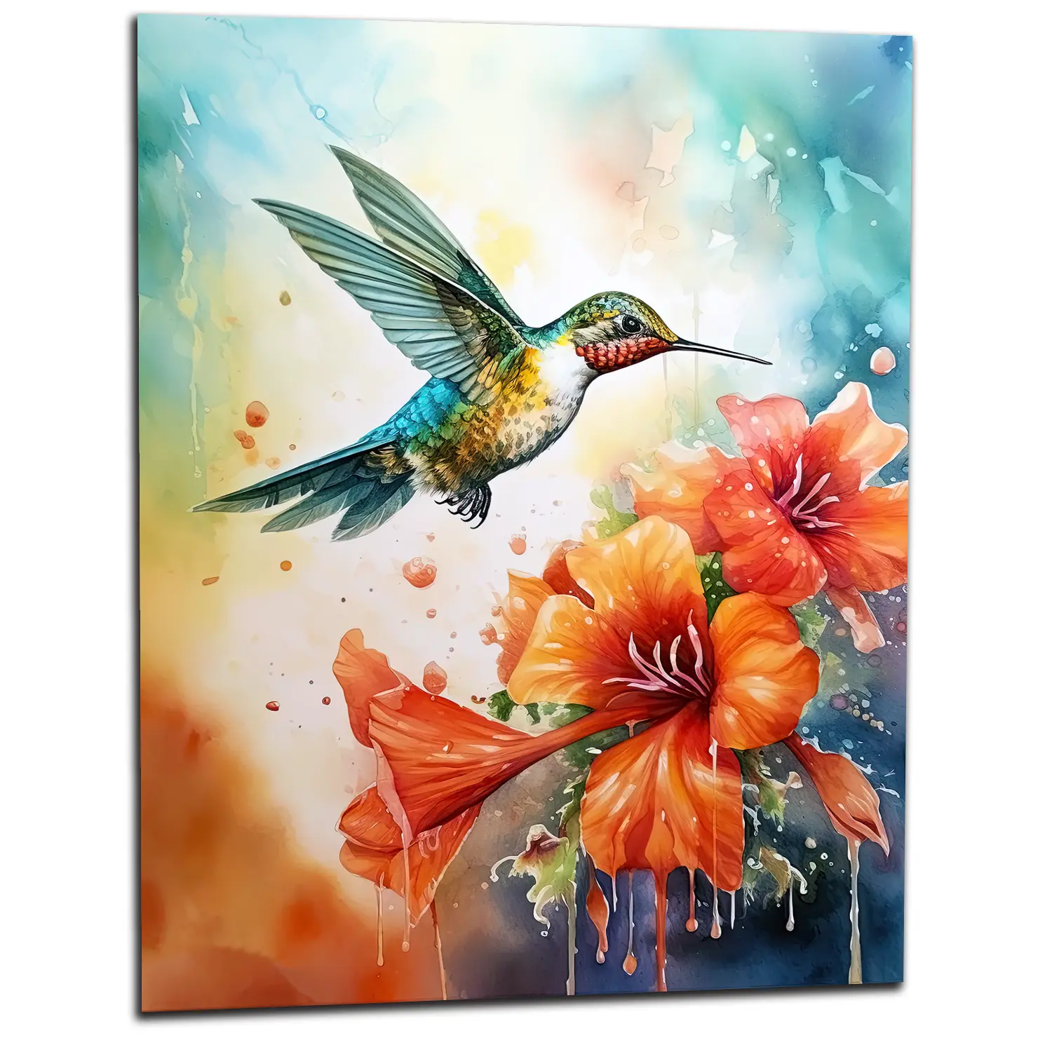 aquarelle colibri et glaïeuls rouges
